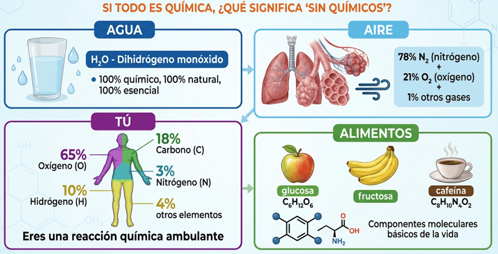 Infographic explaining fundamental chemical components of water, air, human body, and food. It details the percentage of elements in water (H2O), air (nitrogen, oxygen), human composition (oxygen, carbon, hydrogen), and basic food molecules like glucose and caffeine.