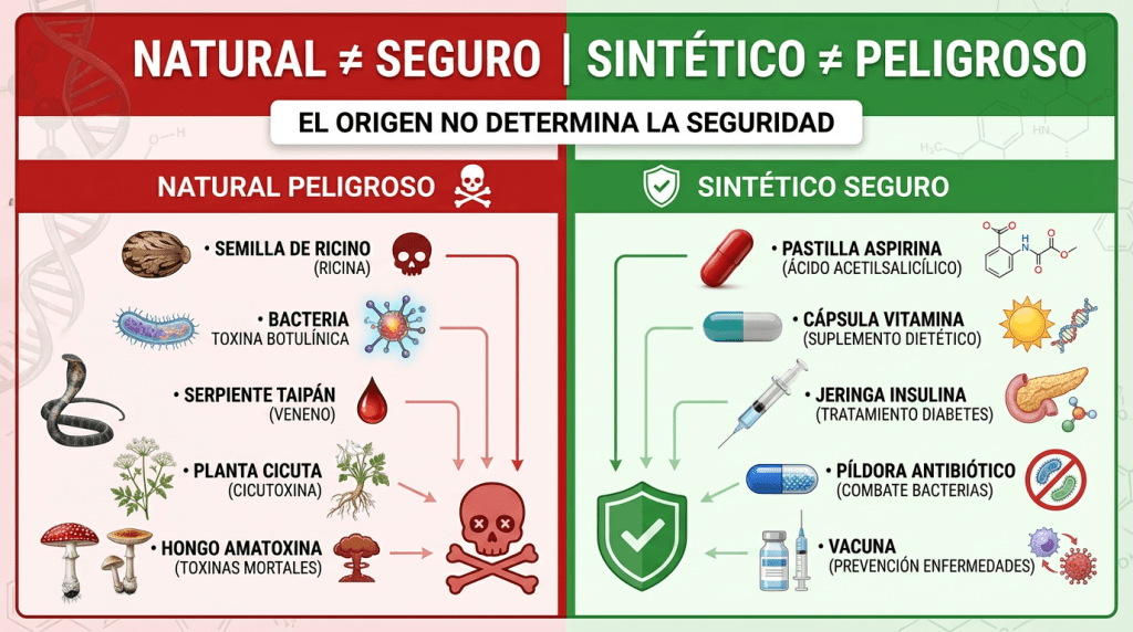 An infographic comparing natural and synthetic substances, highlighting that natural does not equate to safe and synthetic does not equate to dangerous. It lists dangerous natural substances like castor seeds and lethal mushrooms, alongside safe synthetic substances like aspirin and antibiotics.
