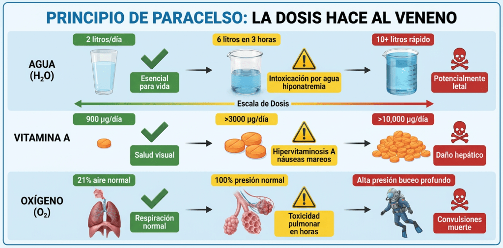 Infographic illustrating Paracelsus' principle: the dose makes the poison, detailing safe and harmful levels of water, vitamin A, and oxygen.